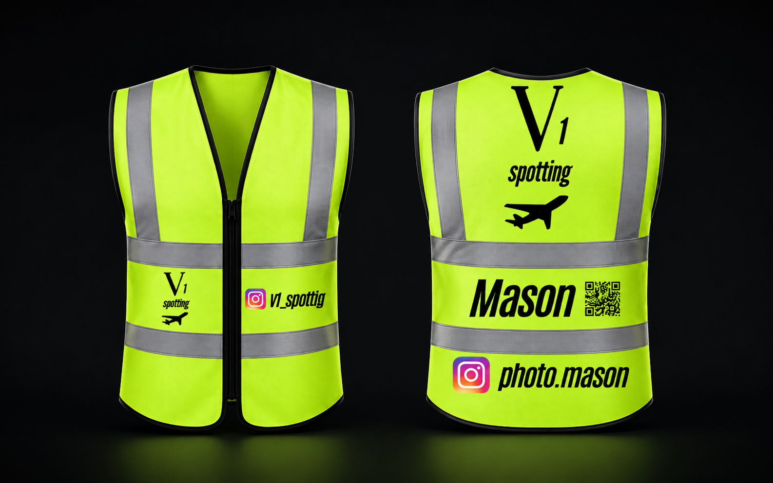 V1 Spotting hi-vis reflector vest, front and back, printed with the V1 Spotting logo, a photographer name, Instagram handle and QR code